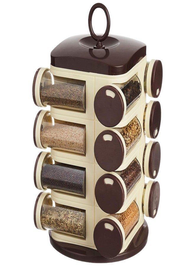SINGHAL Plastic Revolving Spice Rack Dark Brown, Set Of 16 Pieces, Masala, Condiment Rack, Box, Container, Tabletop - Image 1